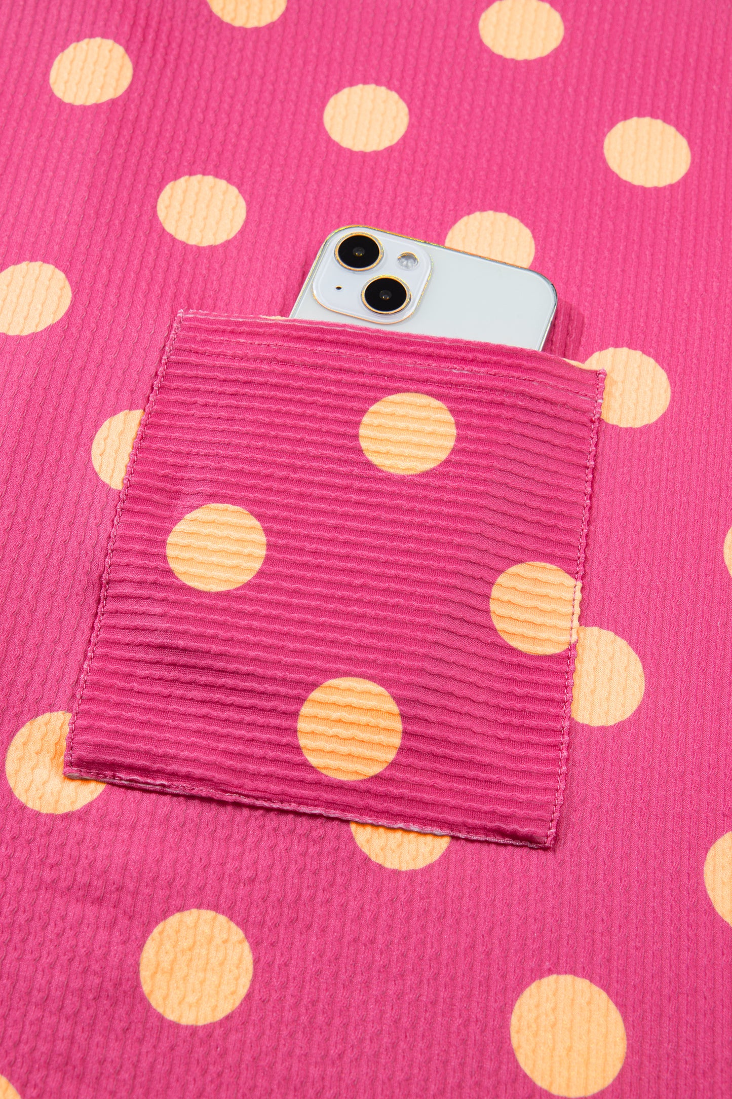 Polka Dot Round Neck Drop Shoulder Patch Pocket Jacquard Texture Top
