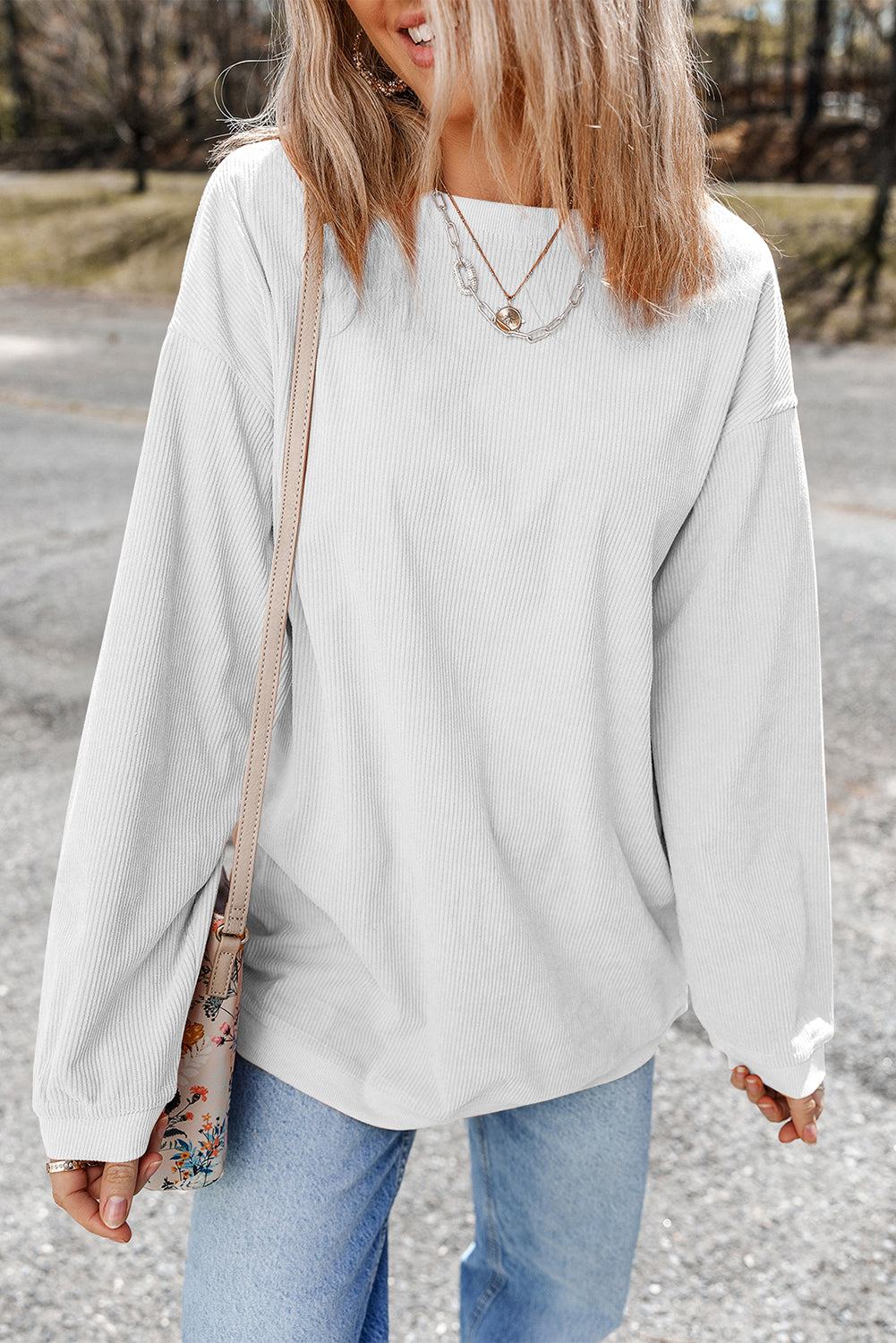 Light Pink Plain Drop Sleeve Crinkle Rib Oversized Sweatshirt