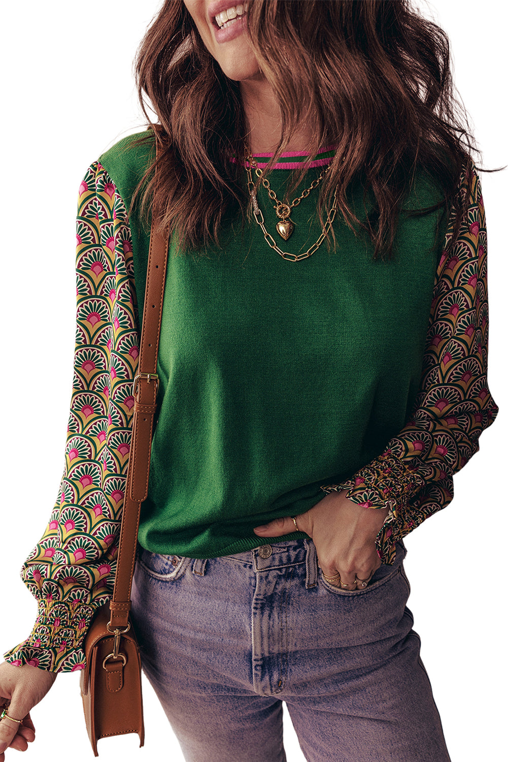 Blackish Green Floral Patchwork Shirred Cuff Puff Sleeve Sweater