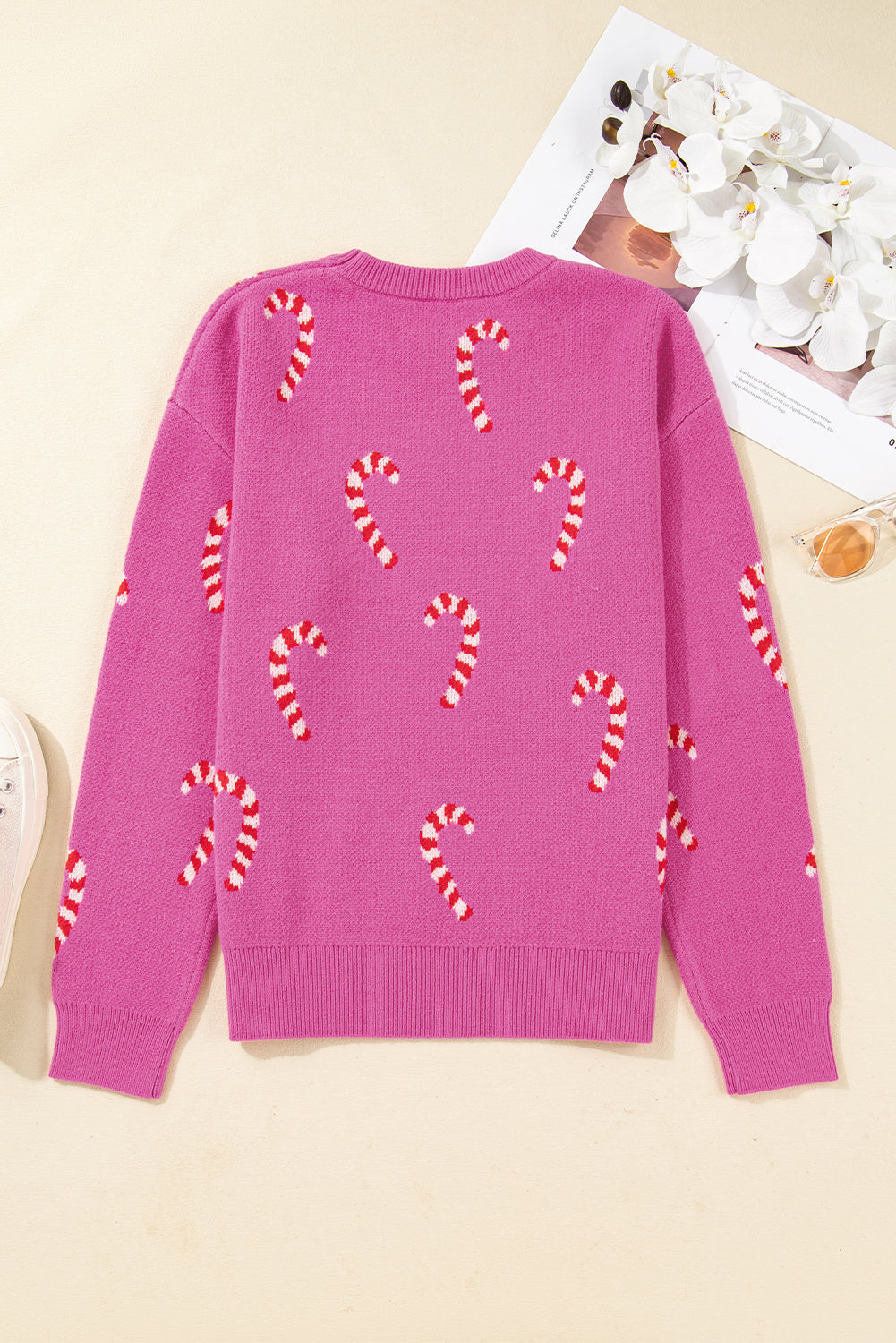 Sachet Pink Christmas Candy Cane Drop Shoulder Sweater