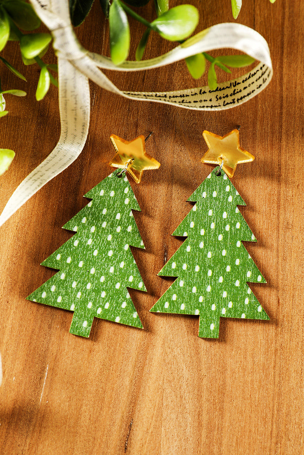 Green Polka Dot Print Christmas Tree Dangle Earrings