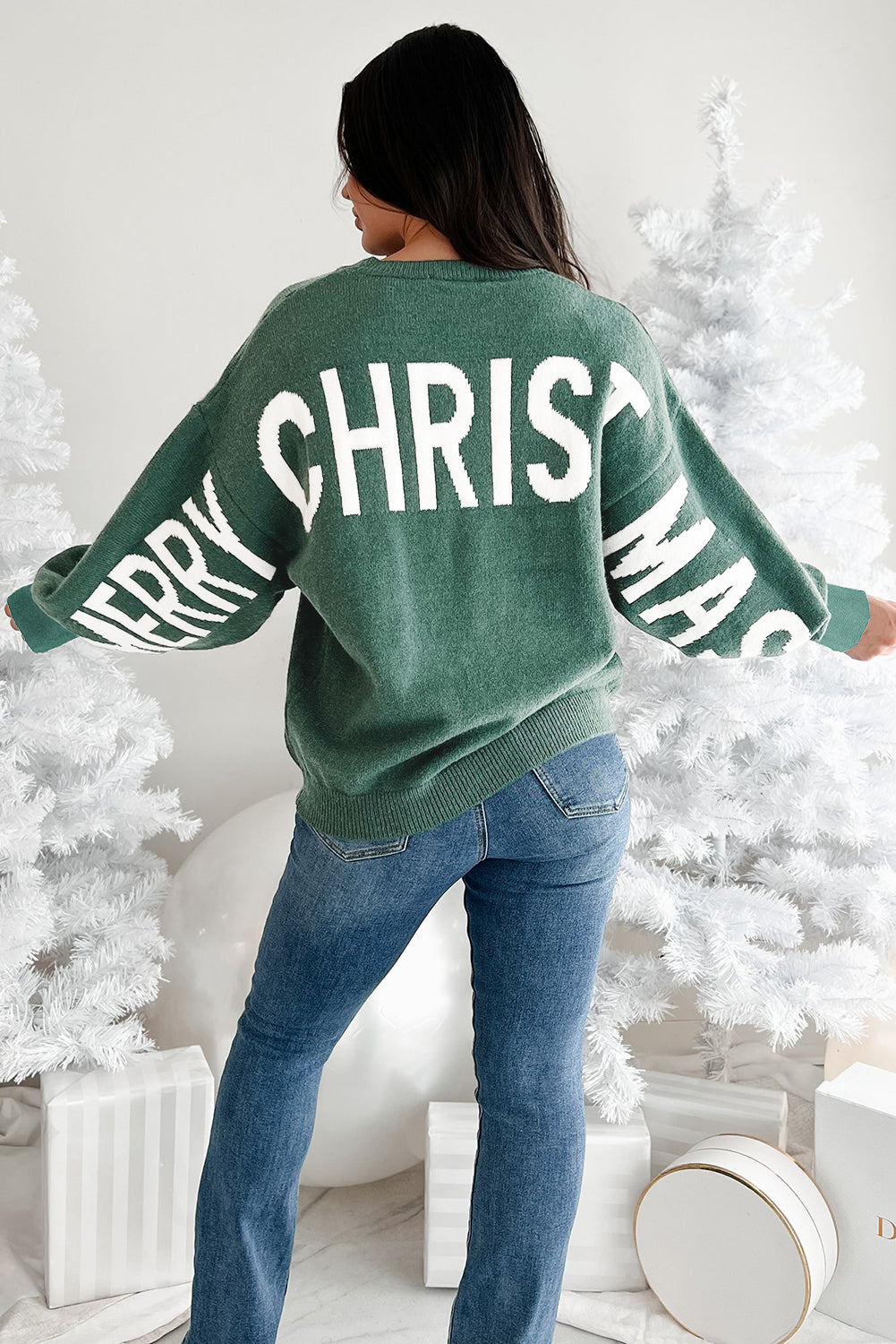Green MERRY CHRISTMAS HO HO Loose Sweater