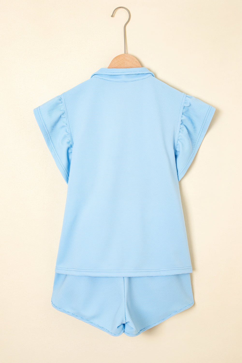 Strawberry Pink Flutter Sleeve Pop of Color Neckline Top and Shorts Set