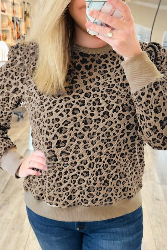 Khaki Leopard Textured Ribbed Trim Plus Size Long Sleeve Top