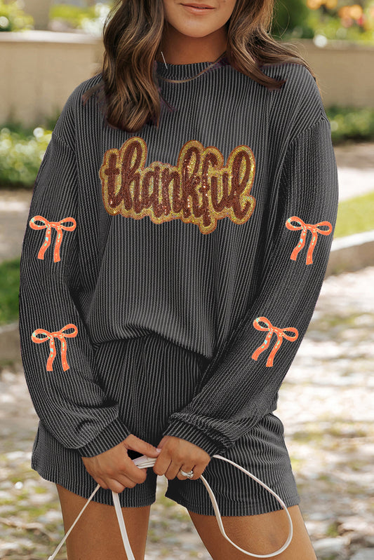 Thankful Letter Sequins Patch Bow Sleeve Top and Shorts Set