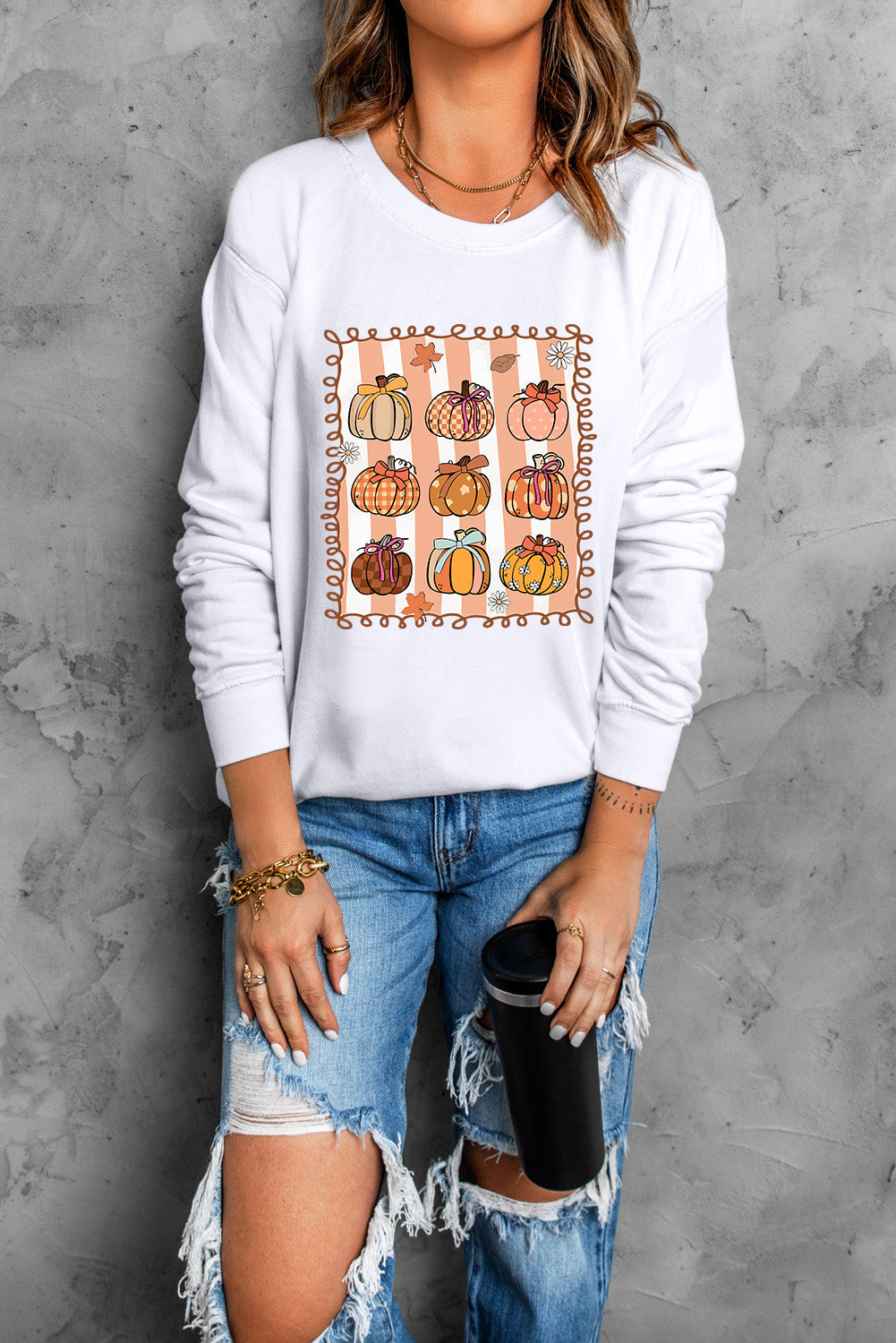 White Fall Bow Pumpkin Round Neck Graphic Sweatshirt