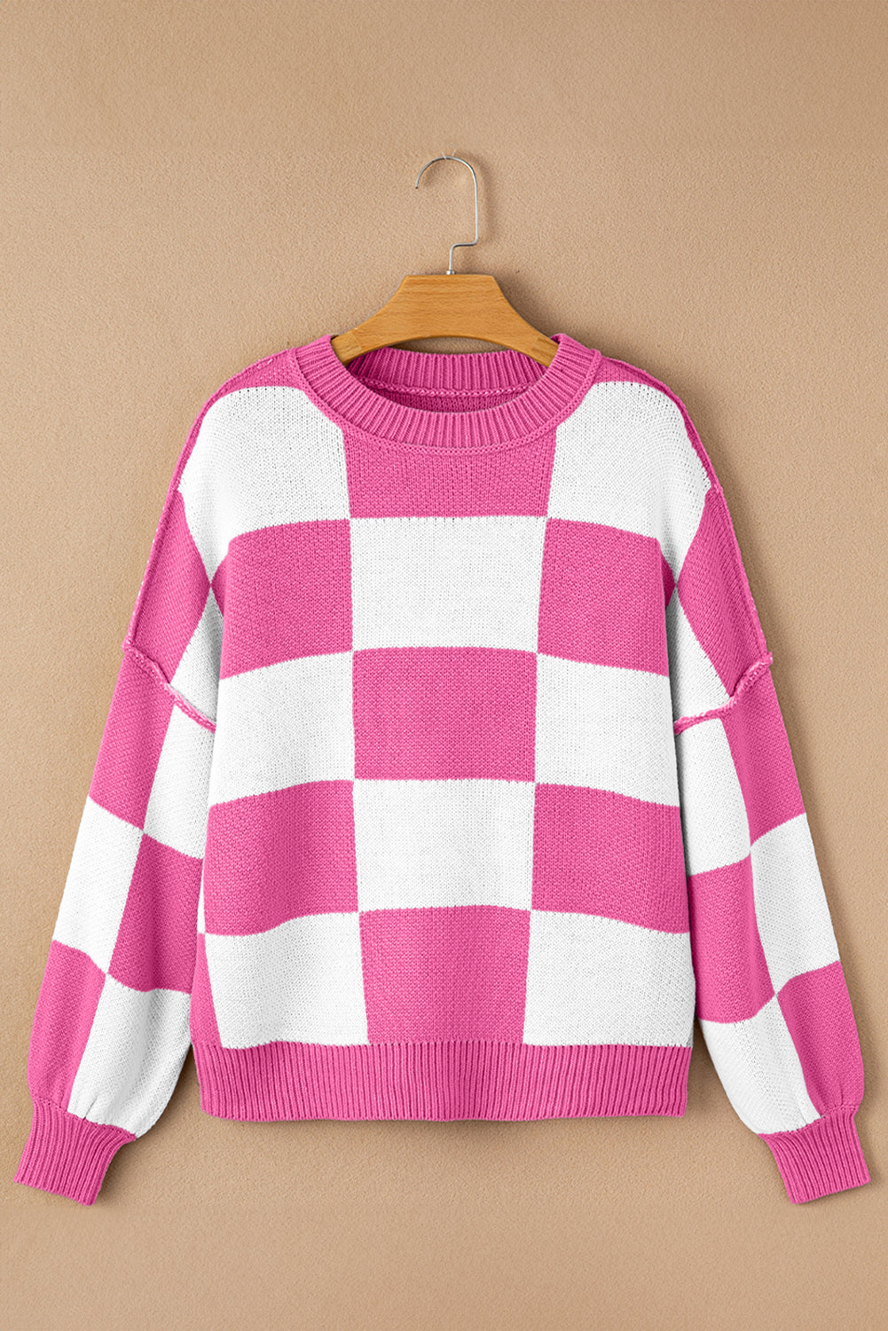 Pink Checked Bishop Sleeve Pullover Sweater
