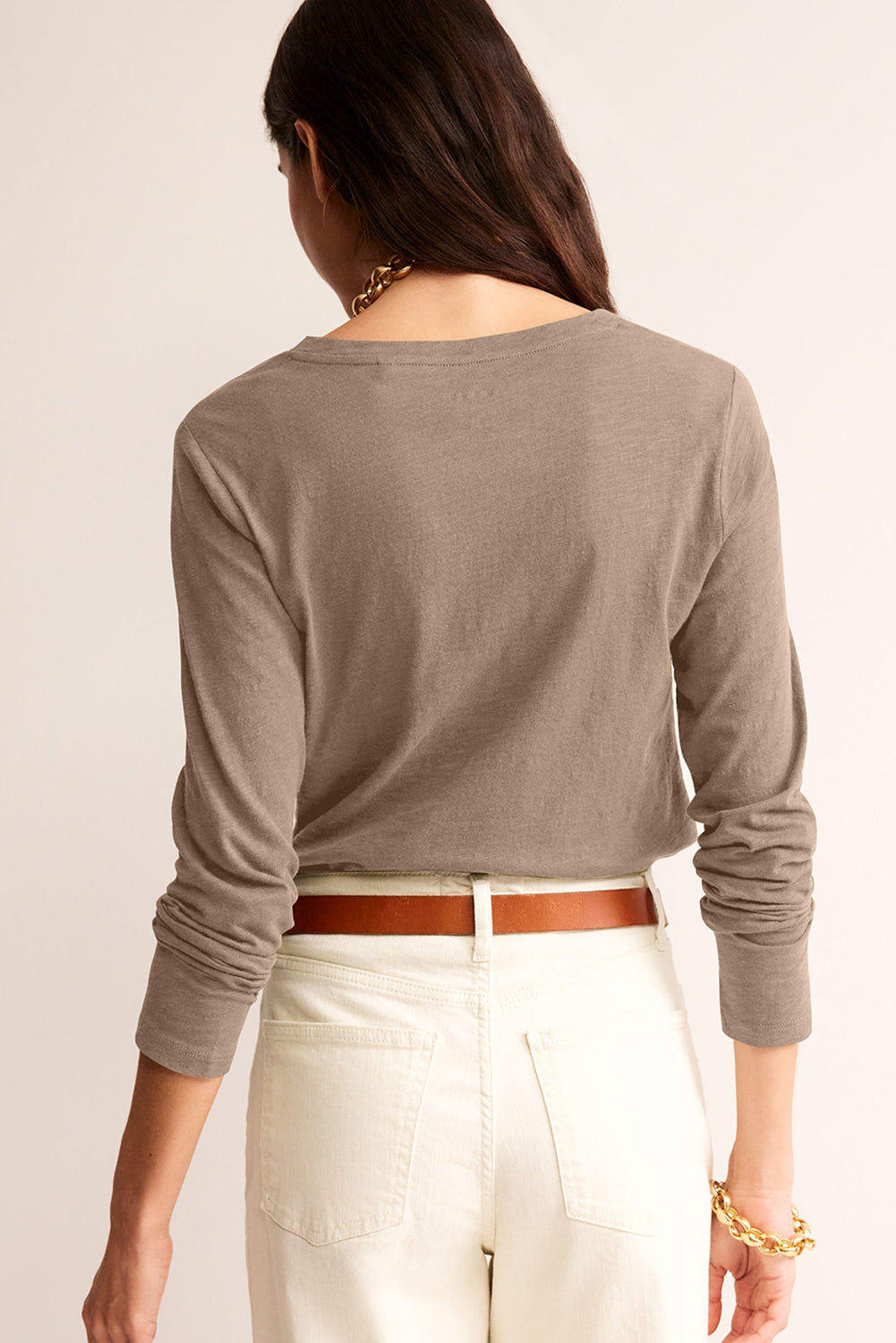 White Plain V Neck Long Sleeve Top