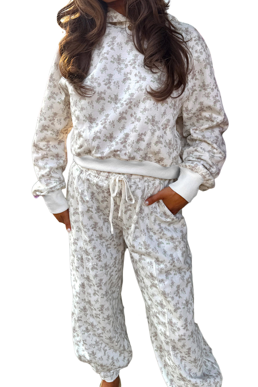White Ditsy Floral Print Cozy Pullover Drawstring Pants Set
