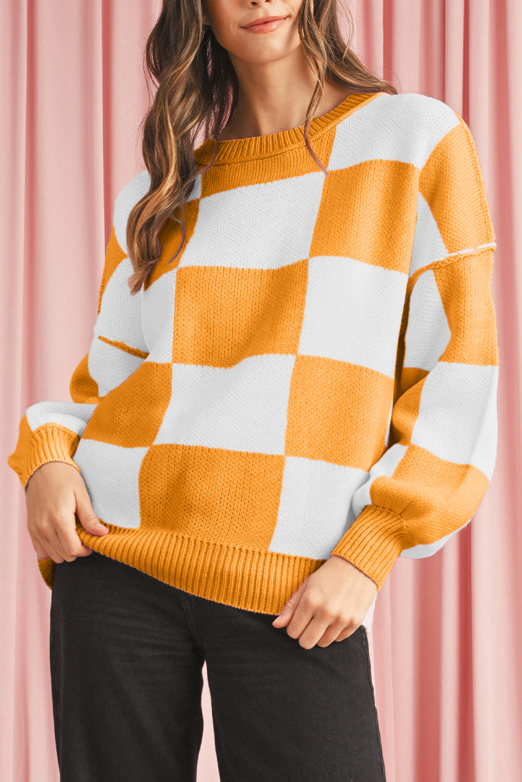 Pink Checked Bishop Sleeve Pullover Sweater