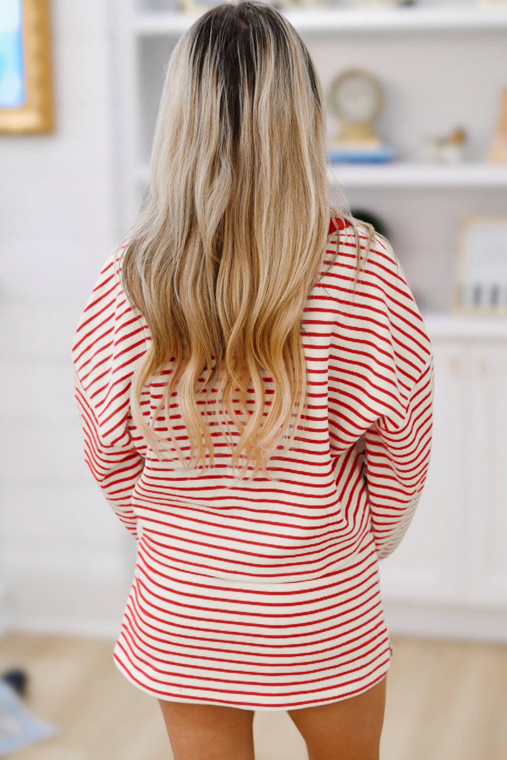 Red Stripe Collared V Neck Drop Shoulder Pullover and Skirt Set