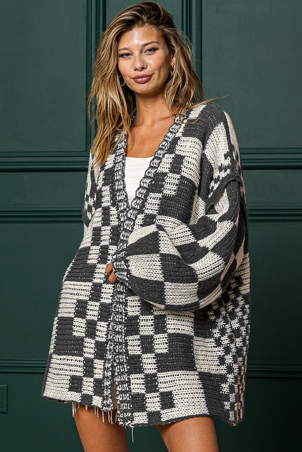 Smoke Gray Colorblock Checked Open Front Knitted Cardigan