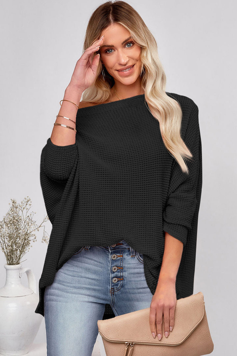 Black Waffle One Shoulder Long Sleeve Knit Top