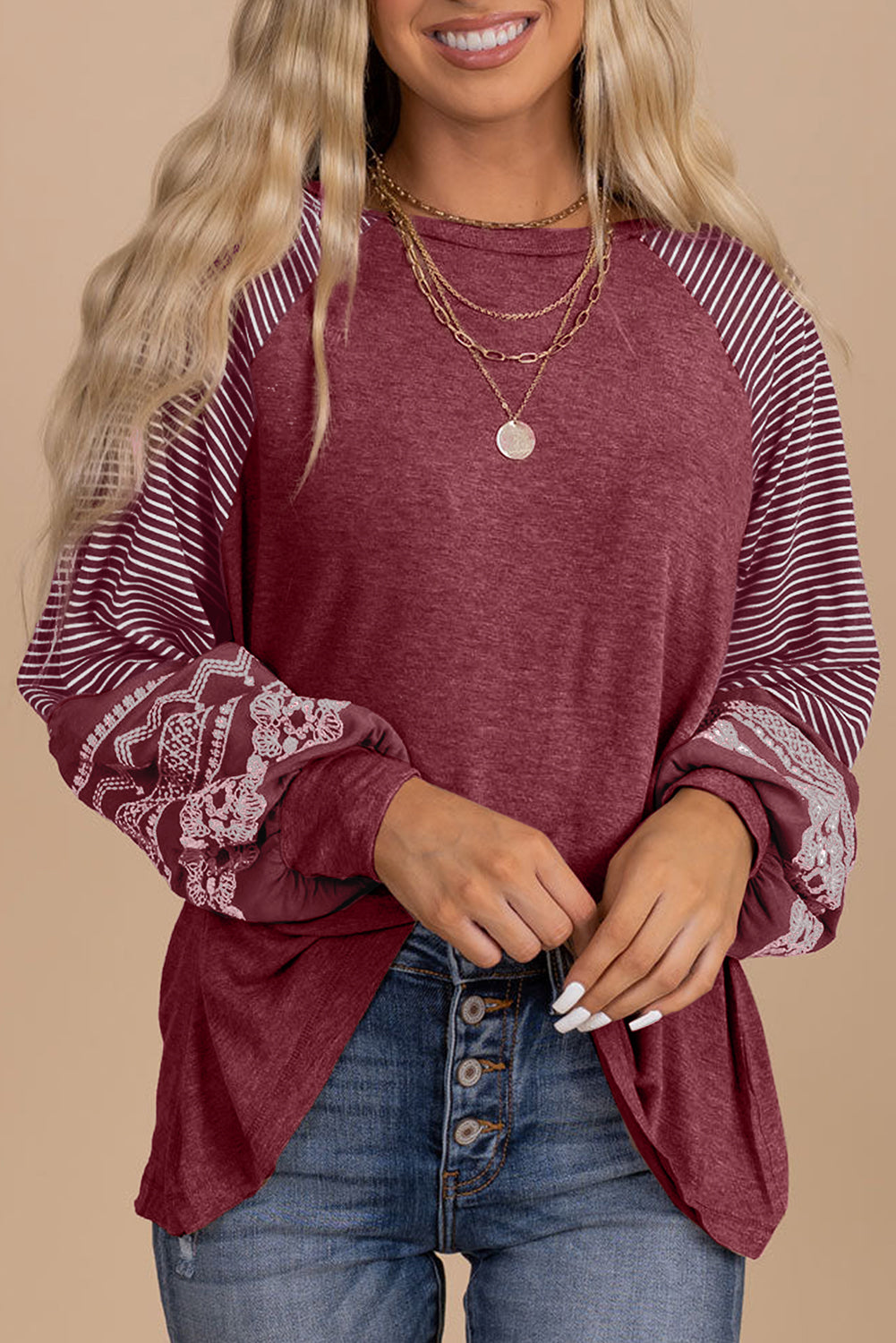 Brown Contrast Print Striped Raglan Long Sleeve Loose Top