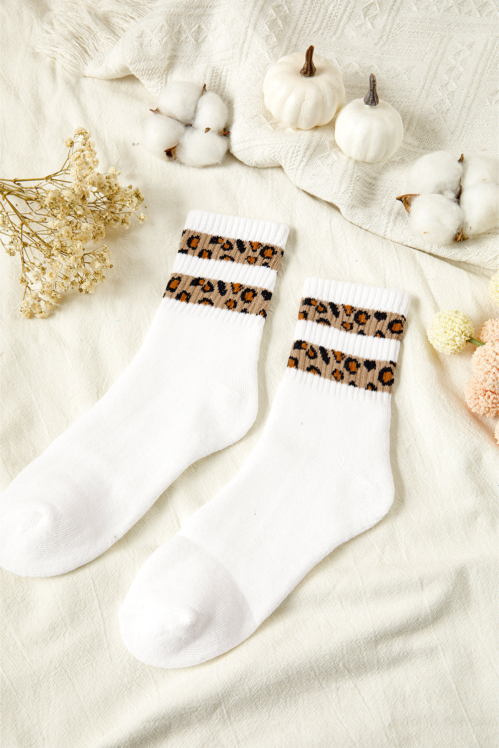 White Leopard Double Stripe Crew Socks