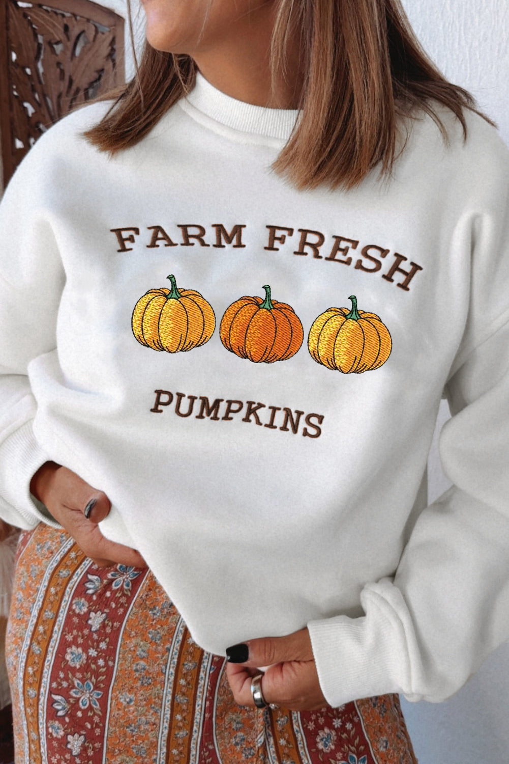 White FARM FRESH PUMPKINS Embroidered Festival Sweatshirt