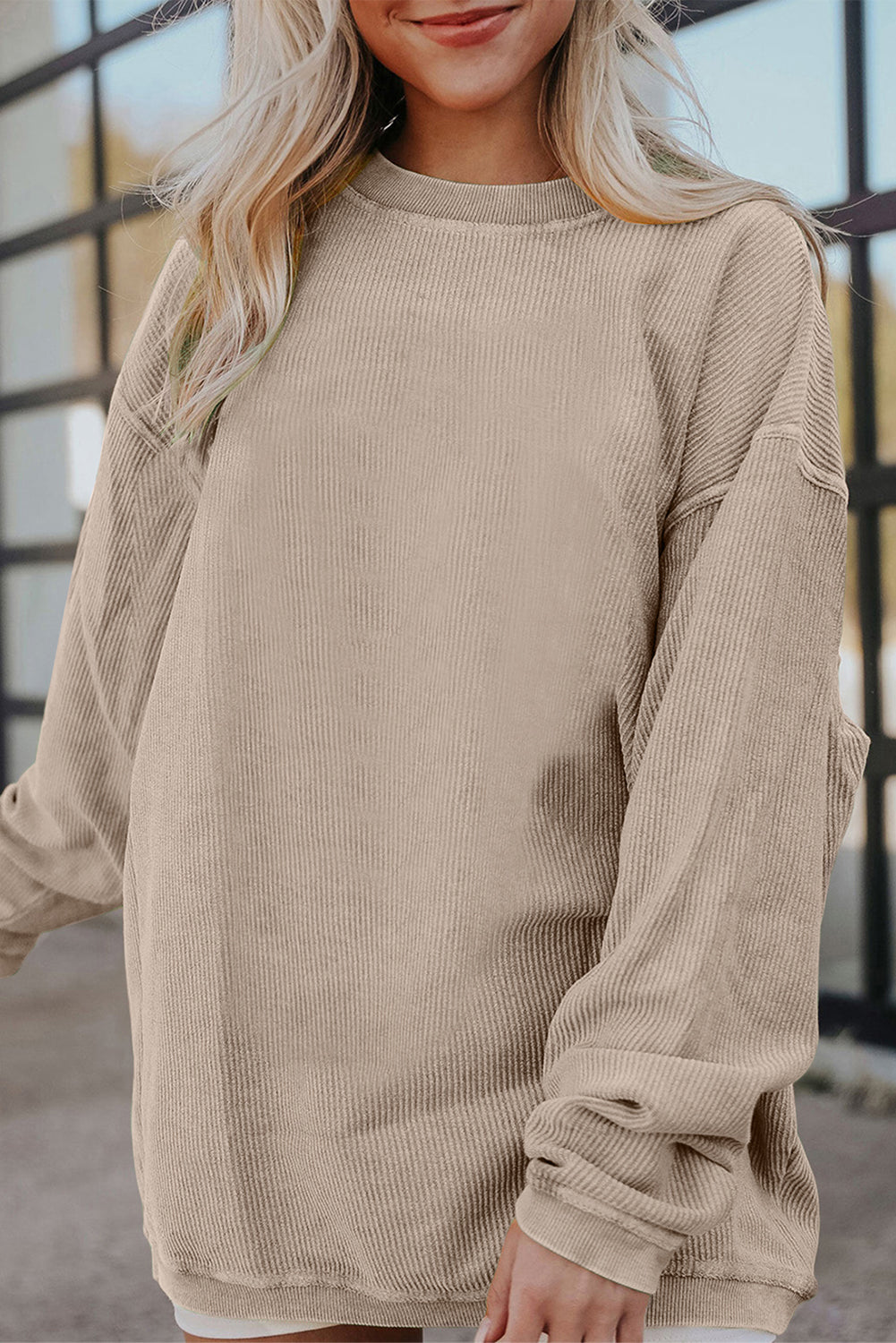 Light Pink Plain Drop Sleeve Crinkle Rib Oversized Sweatshirt