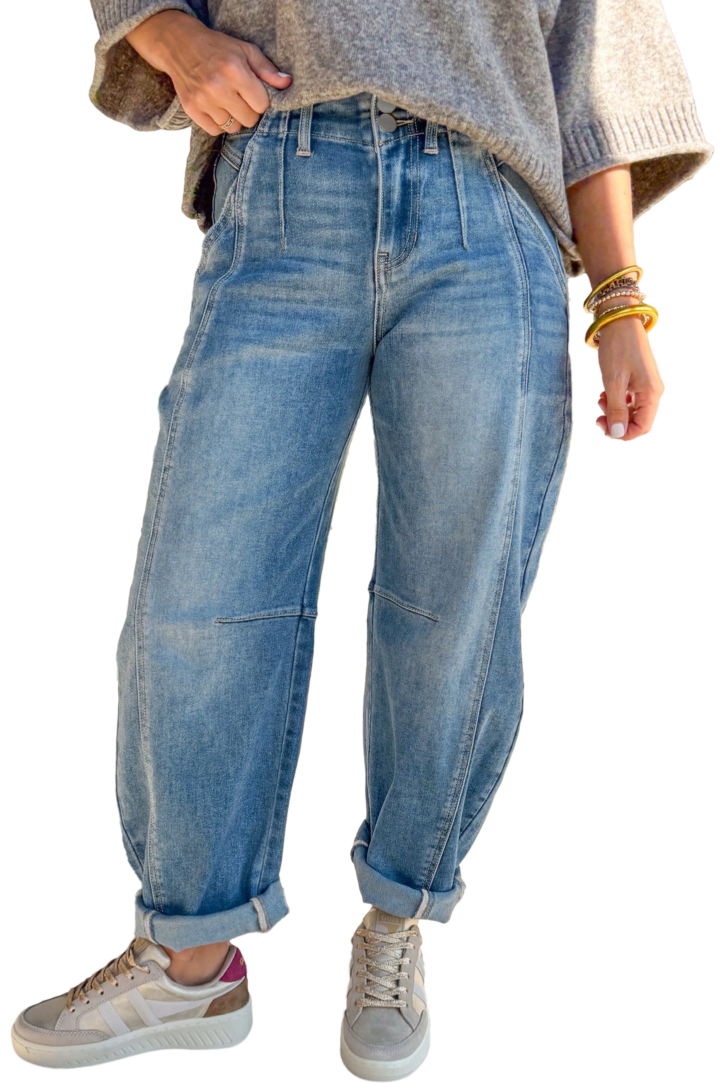 Sky Blue Medium Wash Cuffed Barrel Jeans