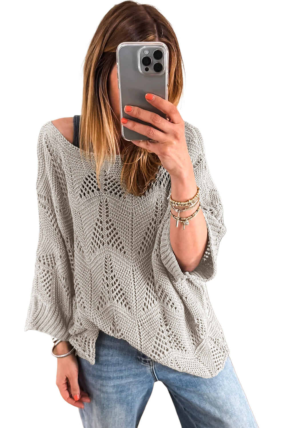 Seagrass Hollow Out Knit 3/4 Sleeve Loose Sweater