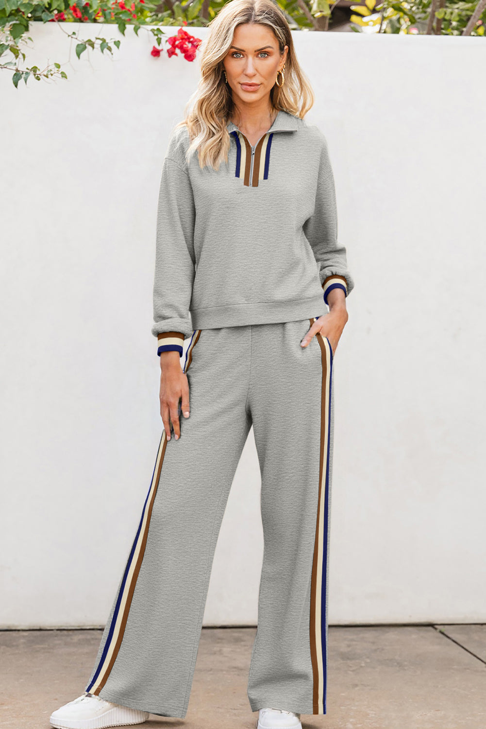 Apricot Striped Patchwork Quarter Zip Pullover Loose Pants Set