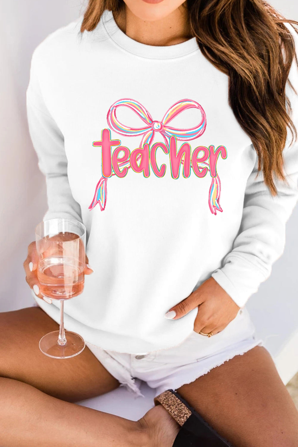 White teacher Bow Graphic Pullover Sweatshirt
