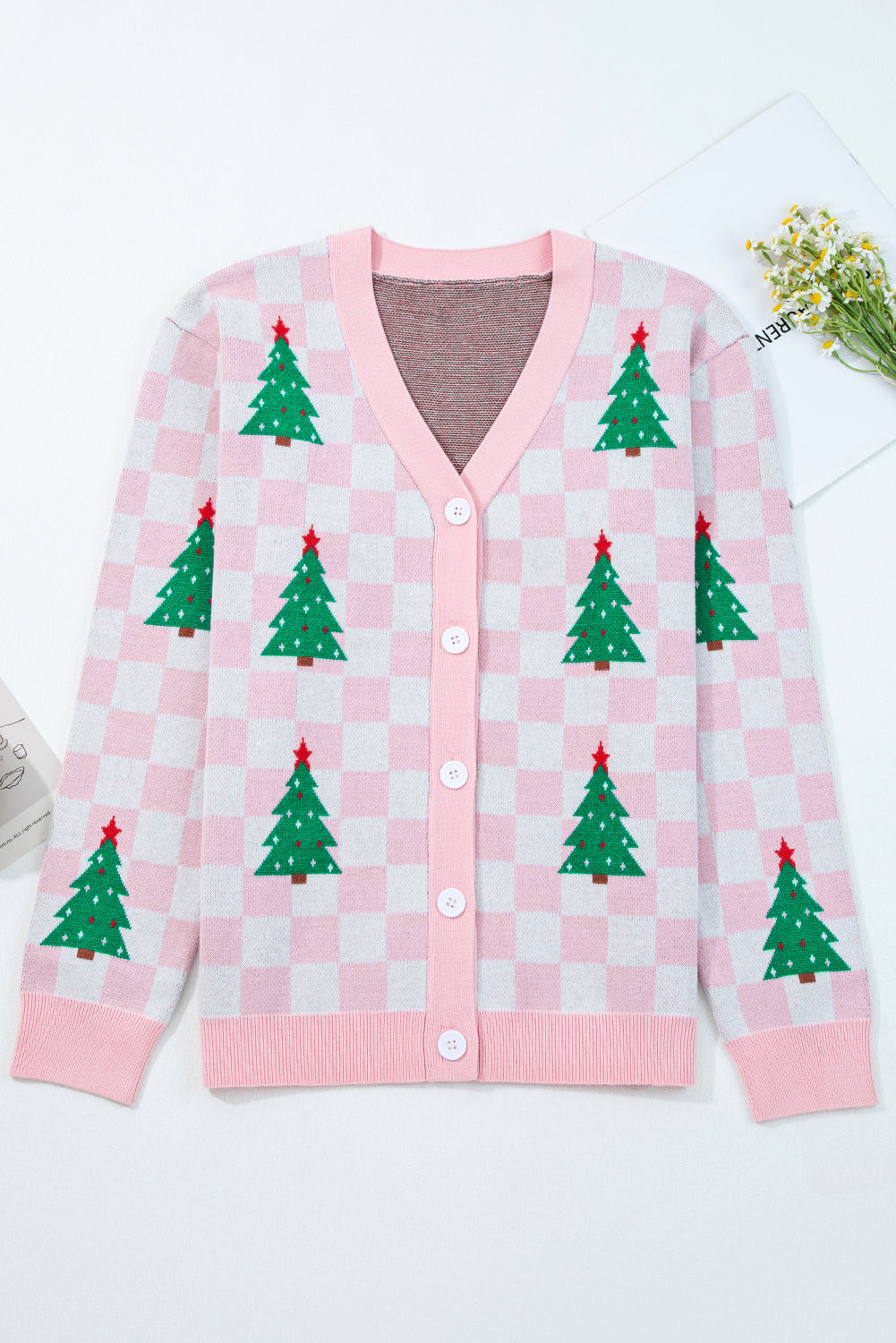 Red Checkered Christmas Tree Pattern Button V Neck Knit Cardigan