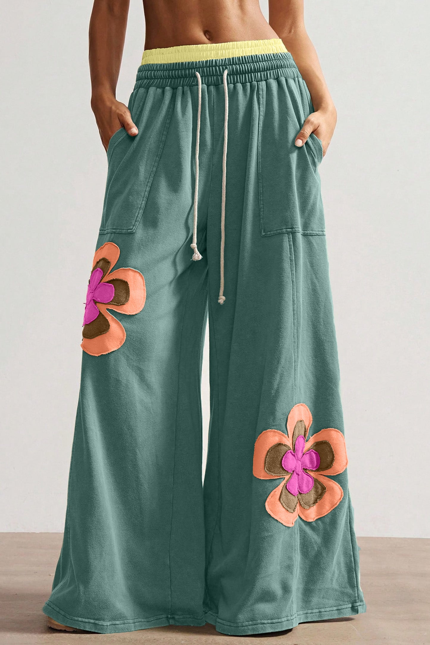Block Flower Patchwork Drawstring Contrasted Elastic Waist Wide Leg Pants