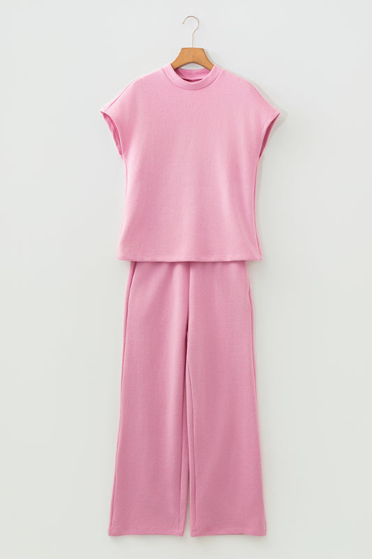 Pink Textured Knit High Neck Loose Tee Elastic Waist Loose Pant Set