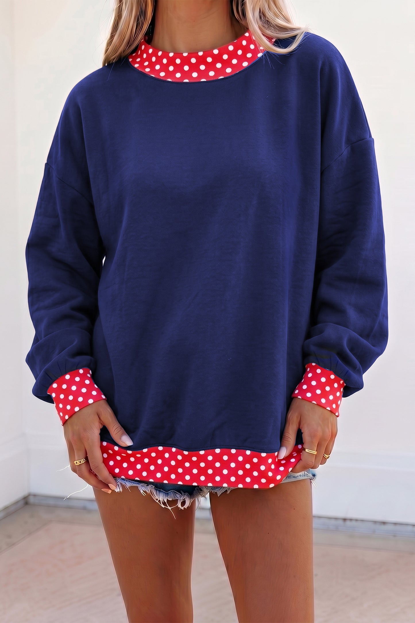 Racing Red Colorblock Polka Dot Contrast Trim Oversized Sweatshirt