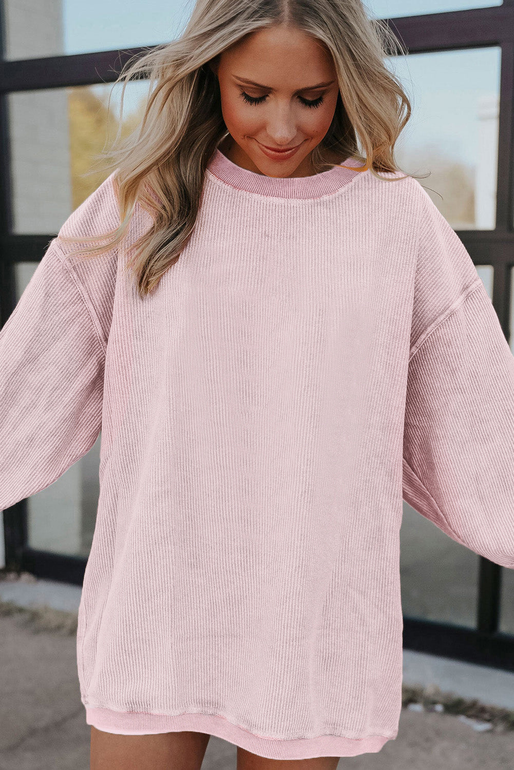 Light Pink Plain Drop Sleeve Crinkle Rib Oversized Sweatshirt