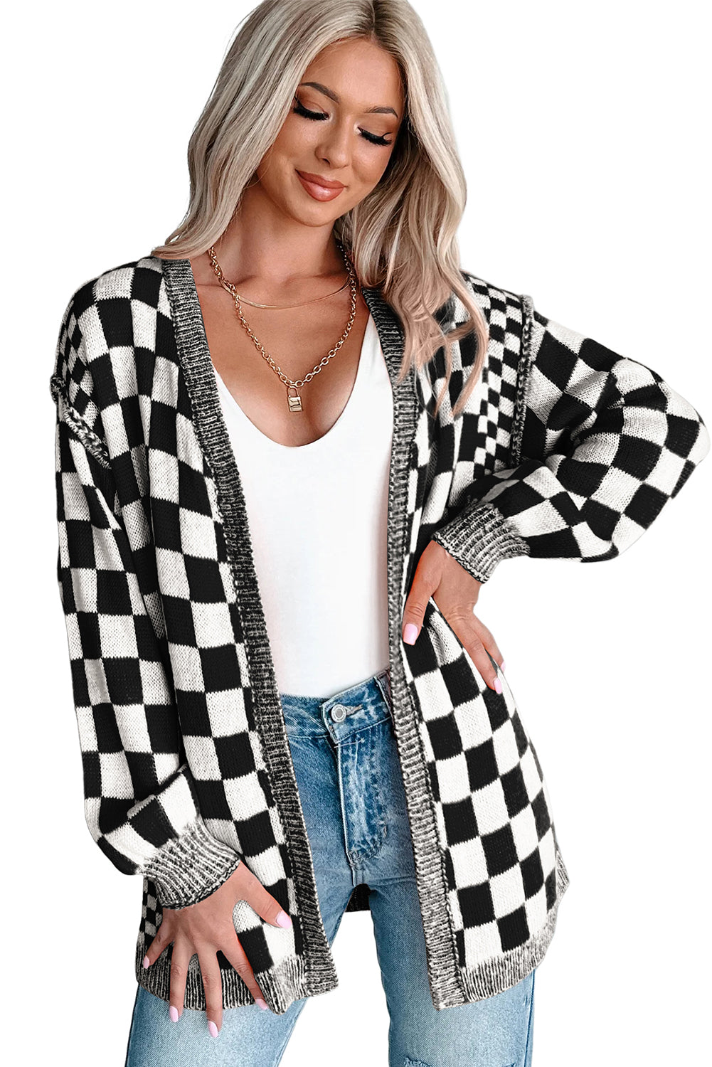Black Checkered Open Front Drop Shoulder Cardigan