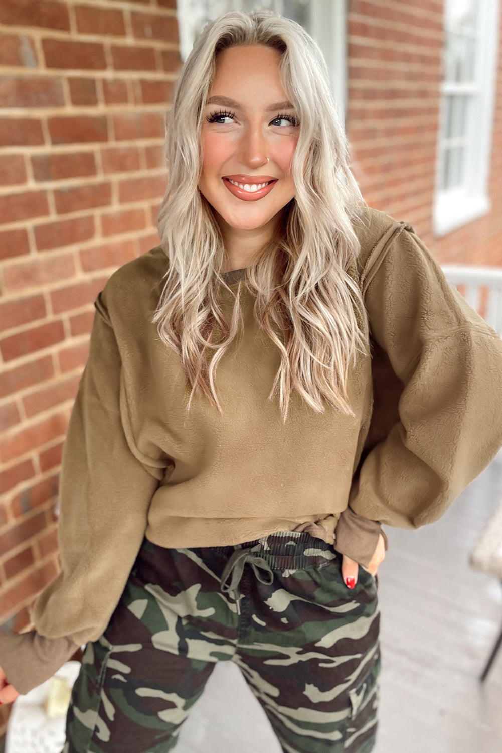 Dark Khaki Fuzzy Sherpa Splicing Pullover Sweatshirt