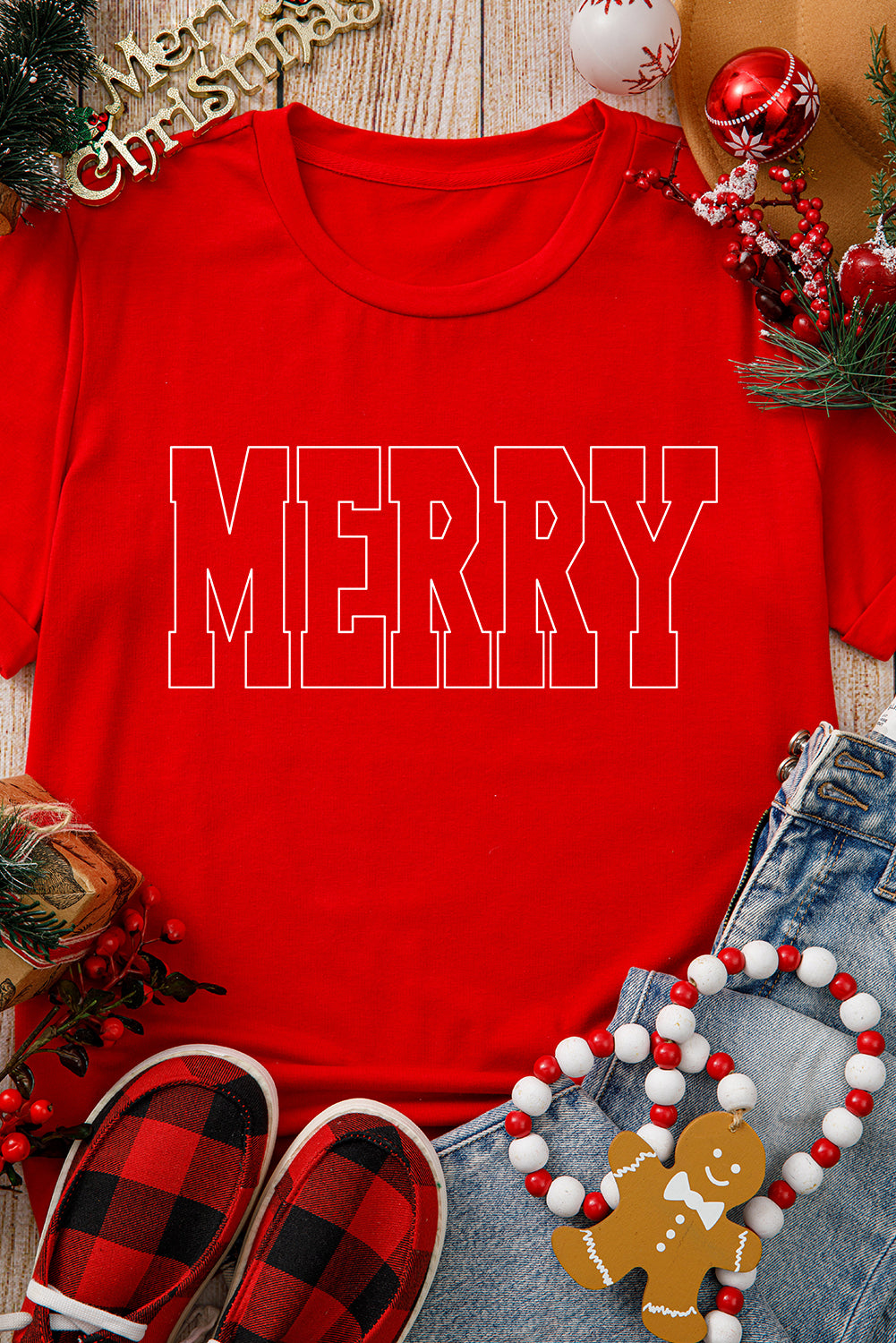 Red MERRY Crewneck Christmas Graphic Tee