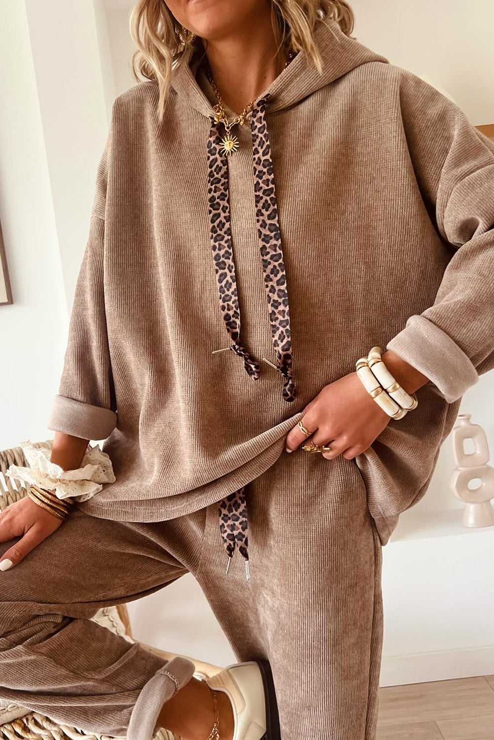 Smoke Gray Drawstring Pullover Hoodie and High Waist Pants Corduroy Suit