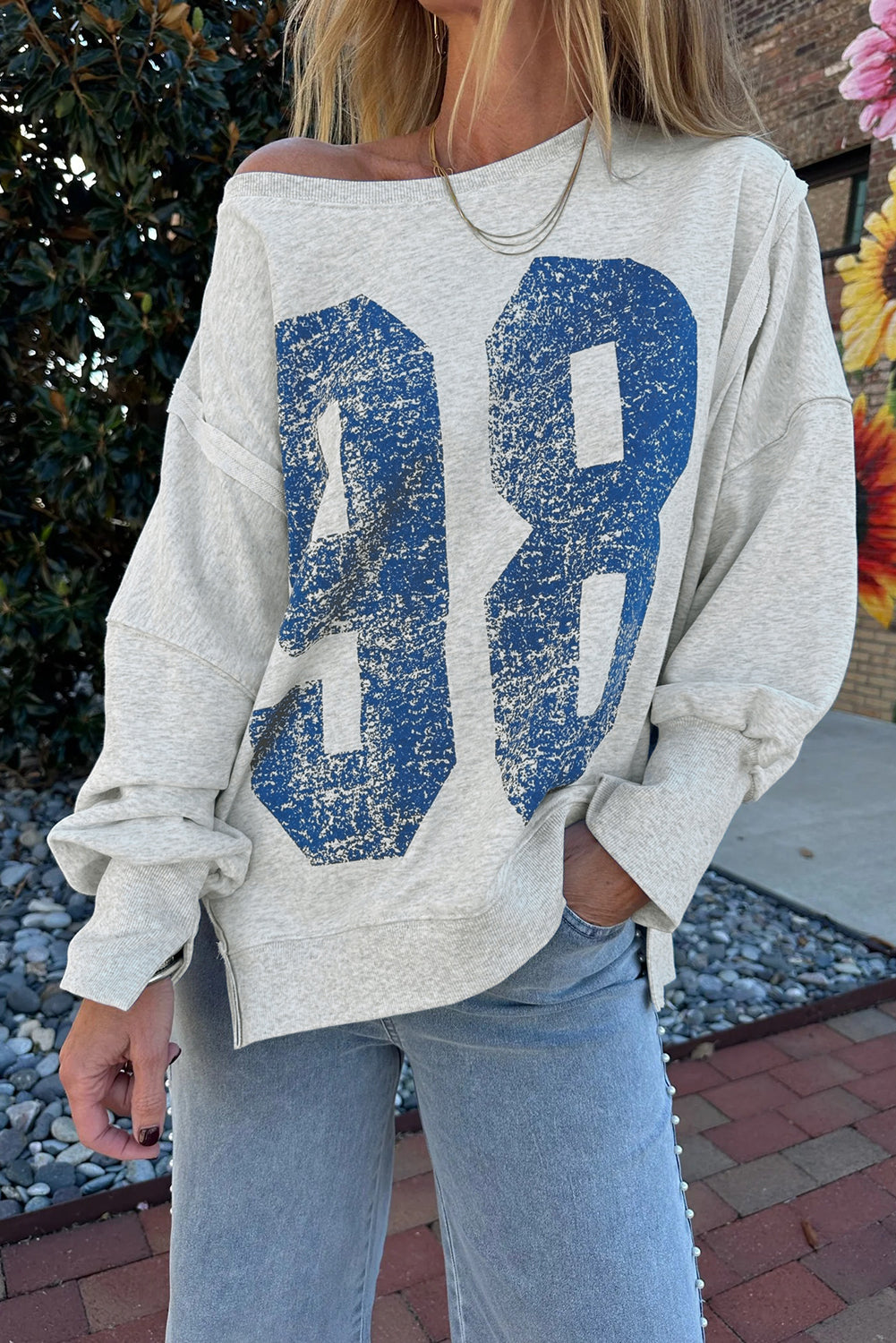 Light Grey Faded Varsity Print Loose Pullover Top