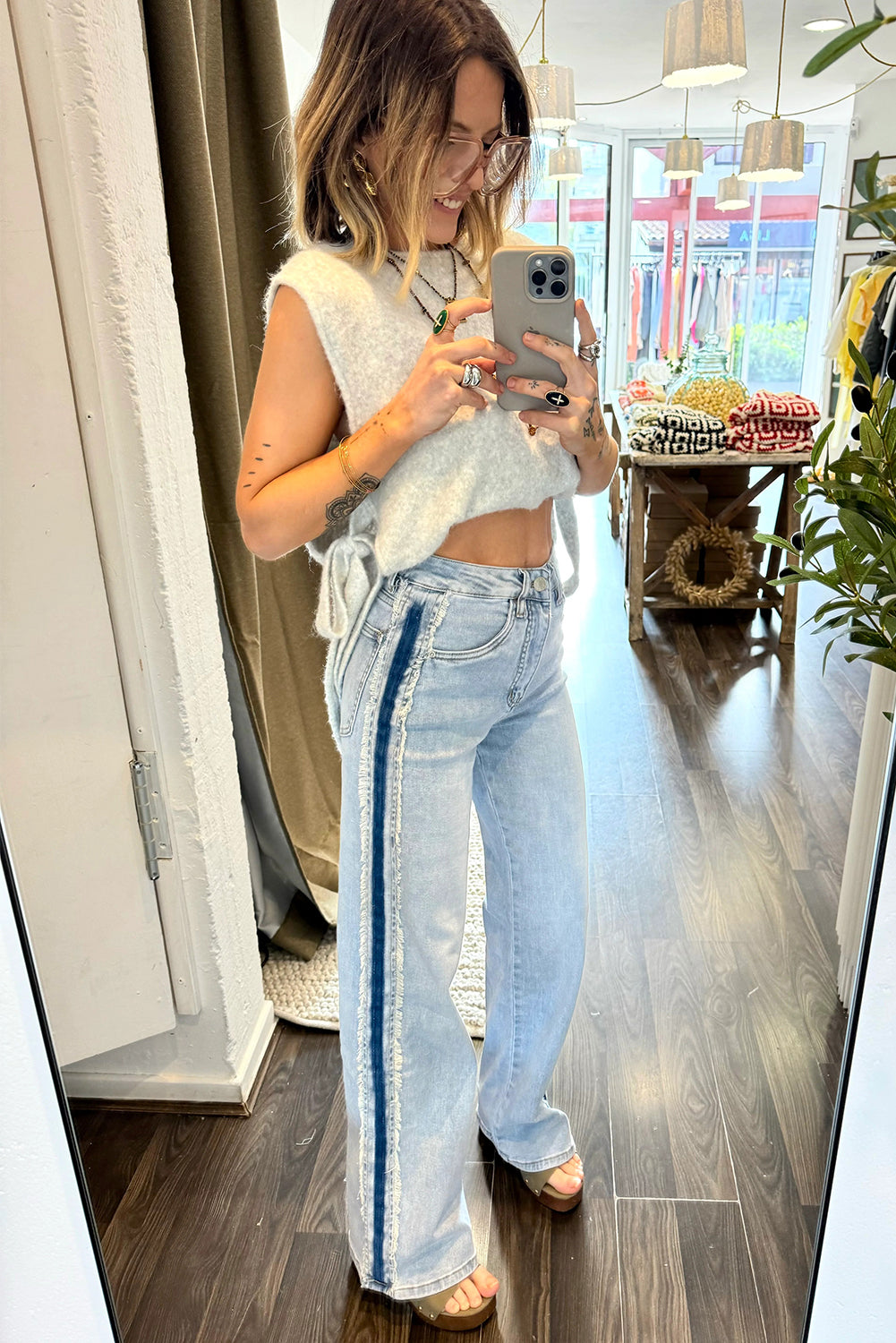Beau Blue Contrast Stripe Frayed Side Patchwork Jeans