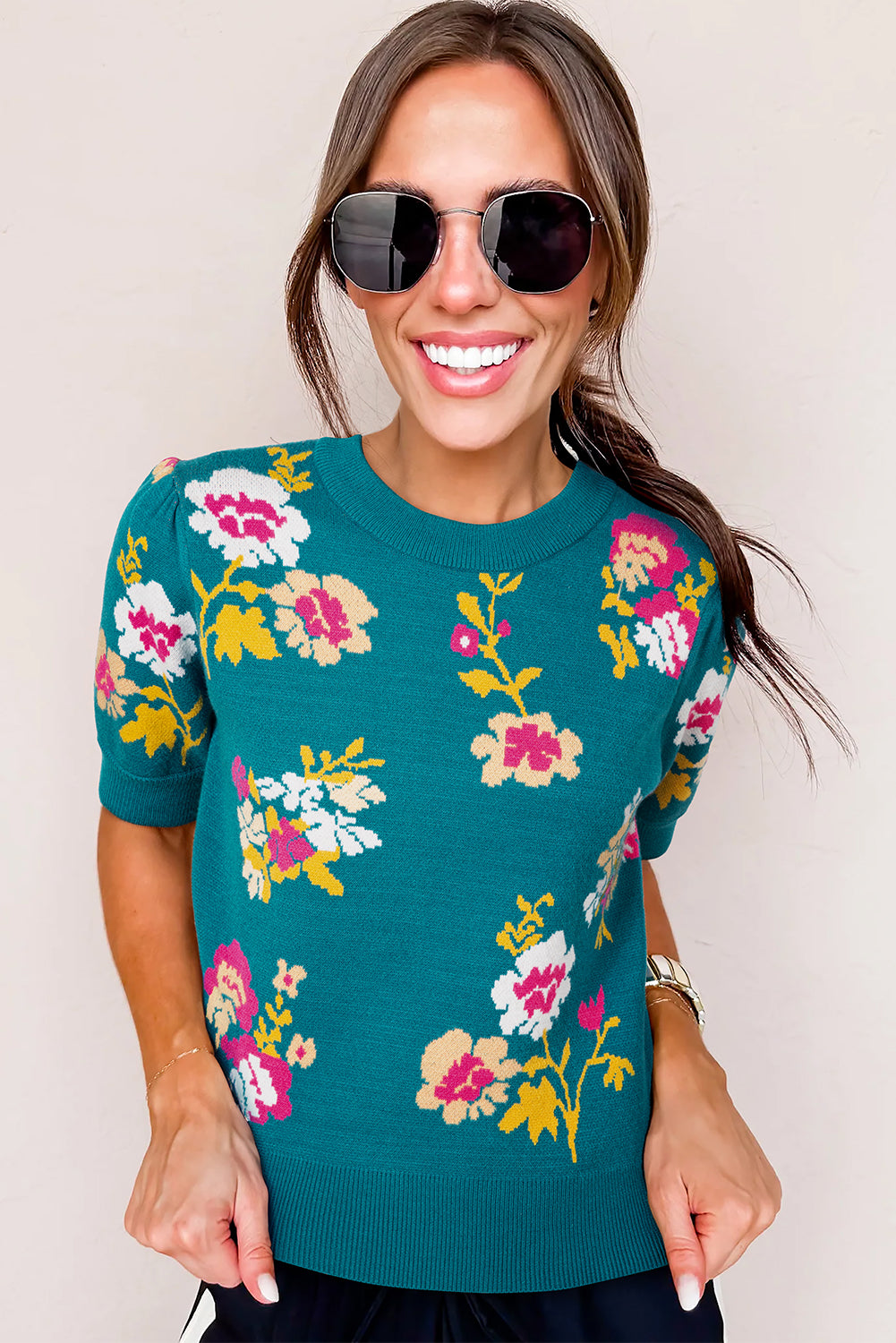 Blue Flower Pattern Short Sleeve Knit Top