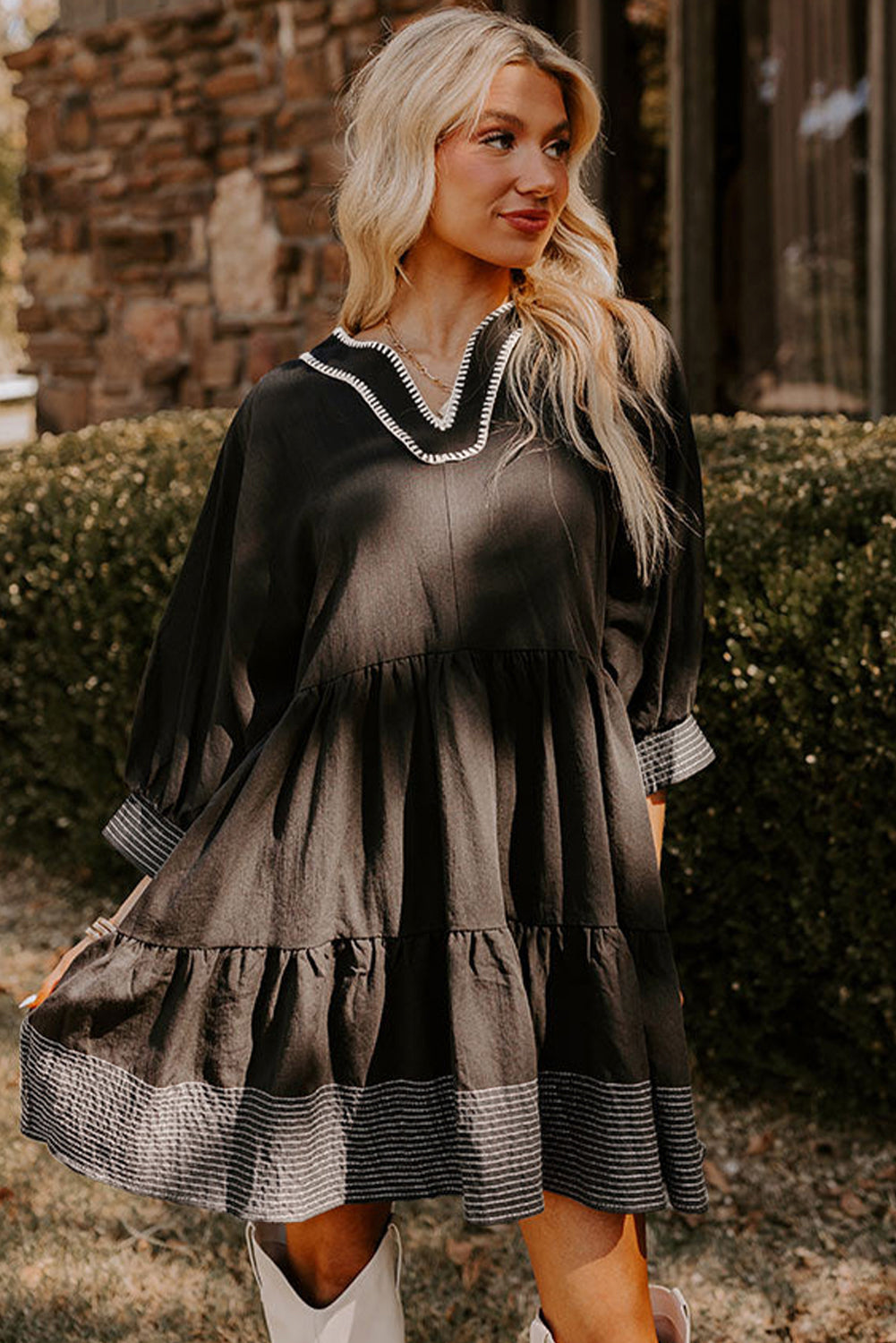 Black Contrast Stitched V Neck 3/4 Sleeve Swing Mini Dress