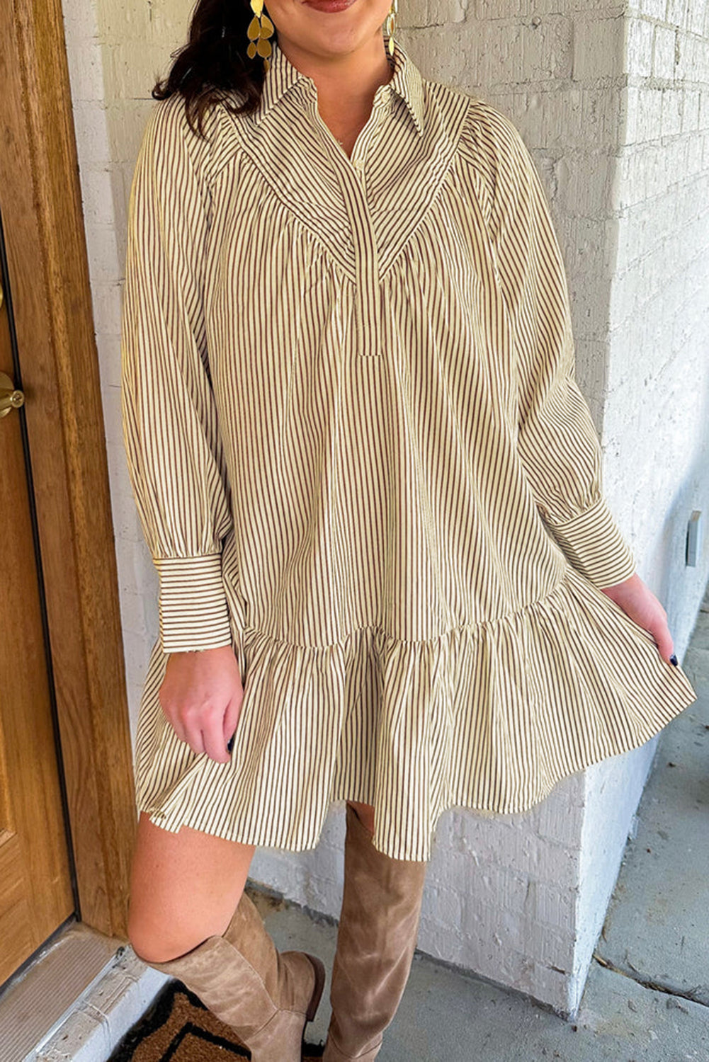 Brown Striped Shirt Collar Ruffle Hem Long Sleeve Dress