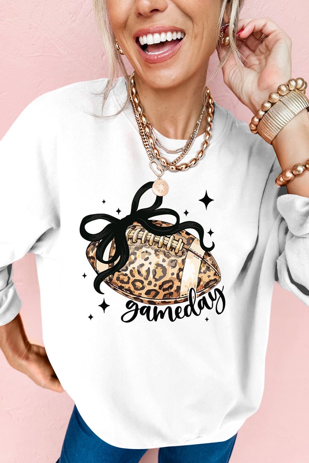 White Game Day Leopard Football Crew Neck Sweatshirt