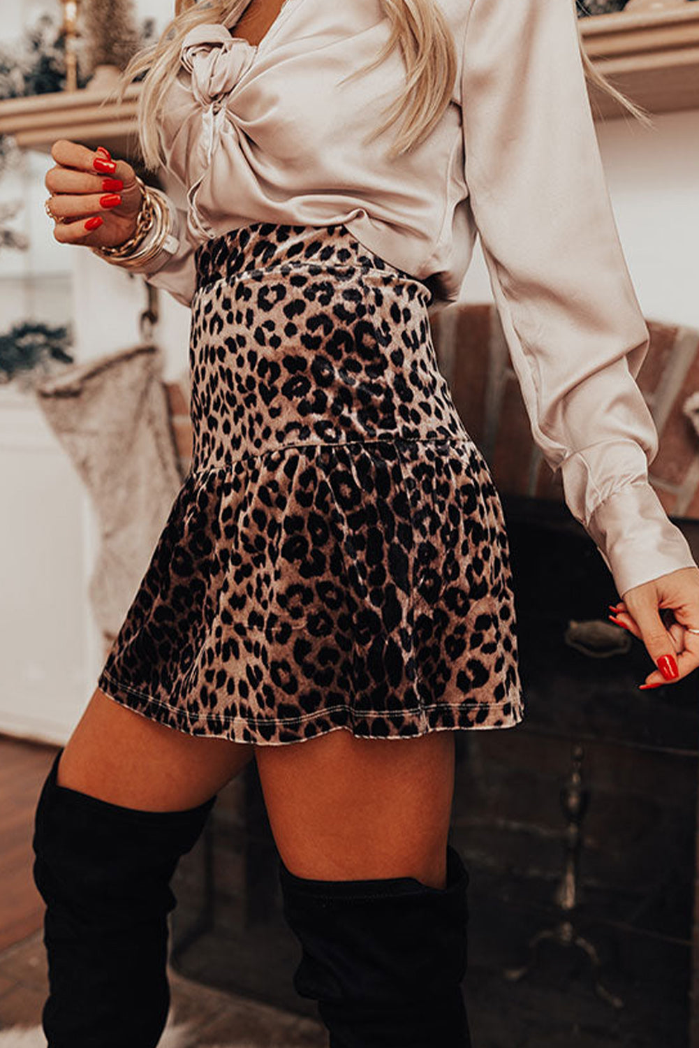 Brown Leopard Tiered Patchwork Hot Mini Skirt
