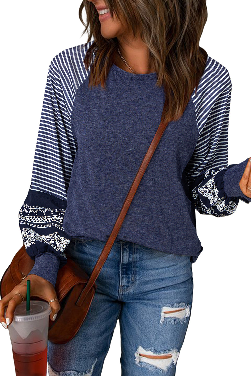 Brown Contrast Print Striped Raglan Long Sleeve Loose Top
