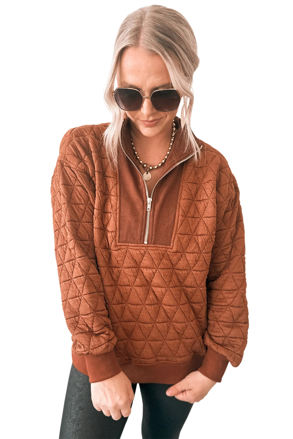 Straw Yellow Textured Zipper Neck Long Sleeve Pullover Sweatshirt