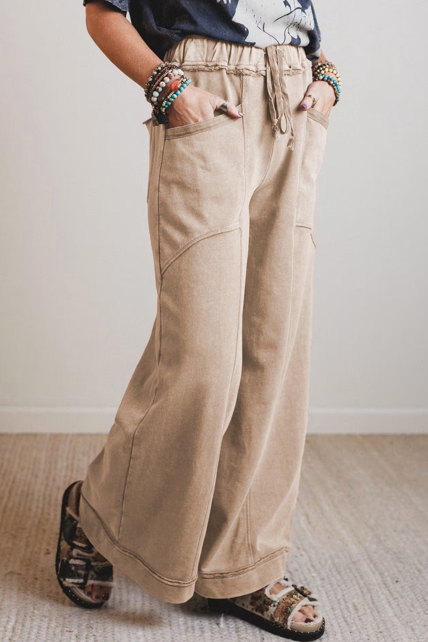 Ashleigh Blue Mineral Wash Drawstring Retro High Waist Wide Leg Western Pants