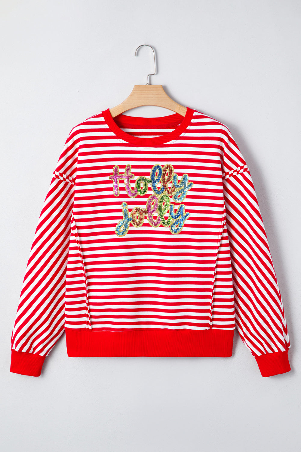 Red Stripe Holly Jolly Sequins Patch Drop Shoulder Long Sleeve Top