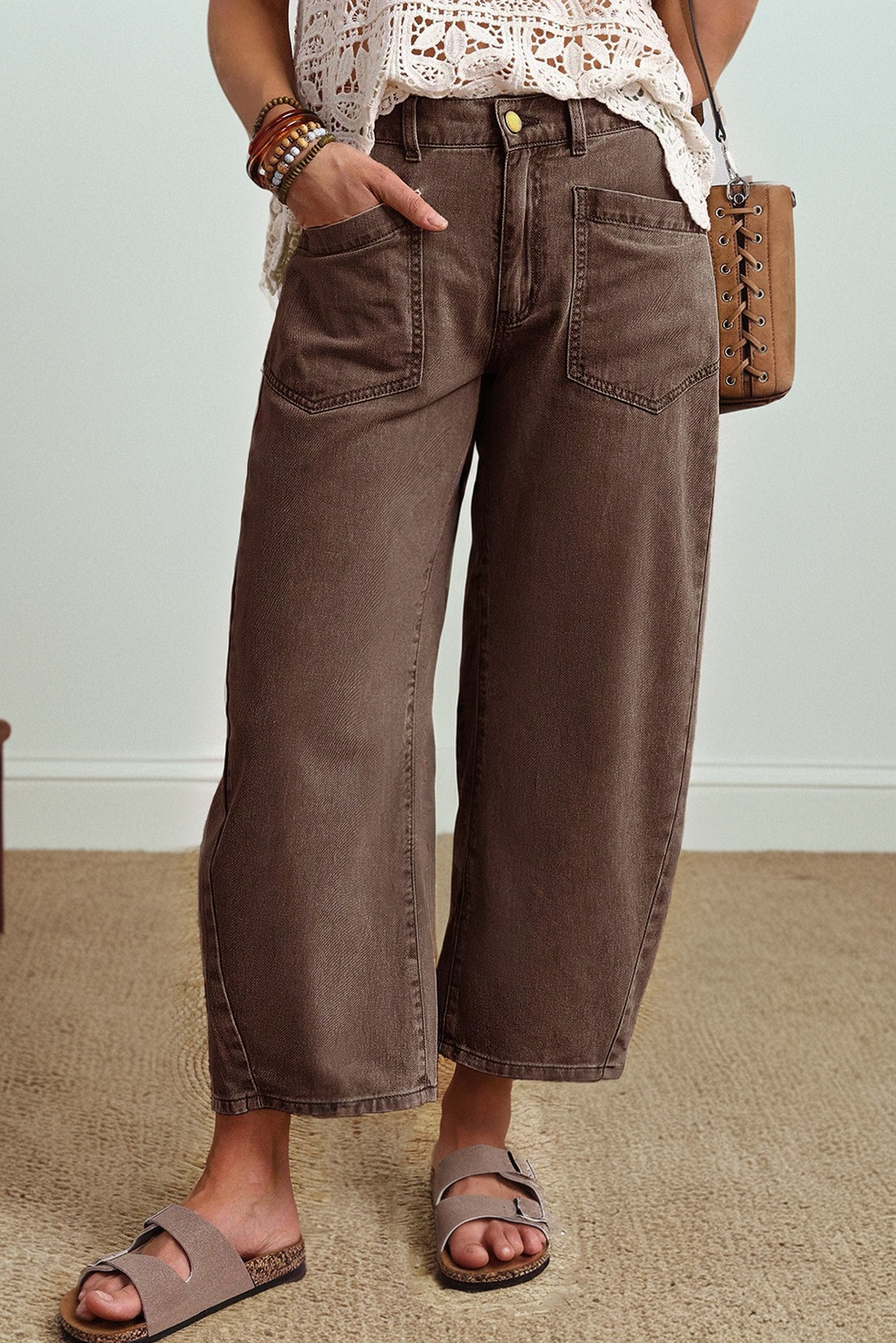 Beau Blue Solid Color Square Patch Pocket Ankle-length Barrel Jeans
