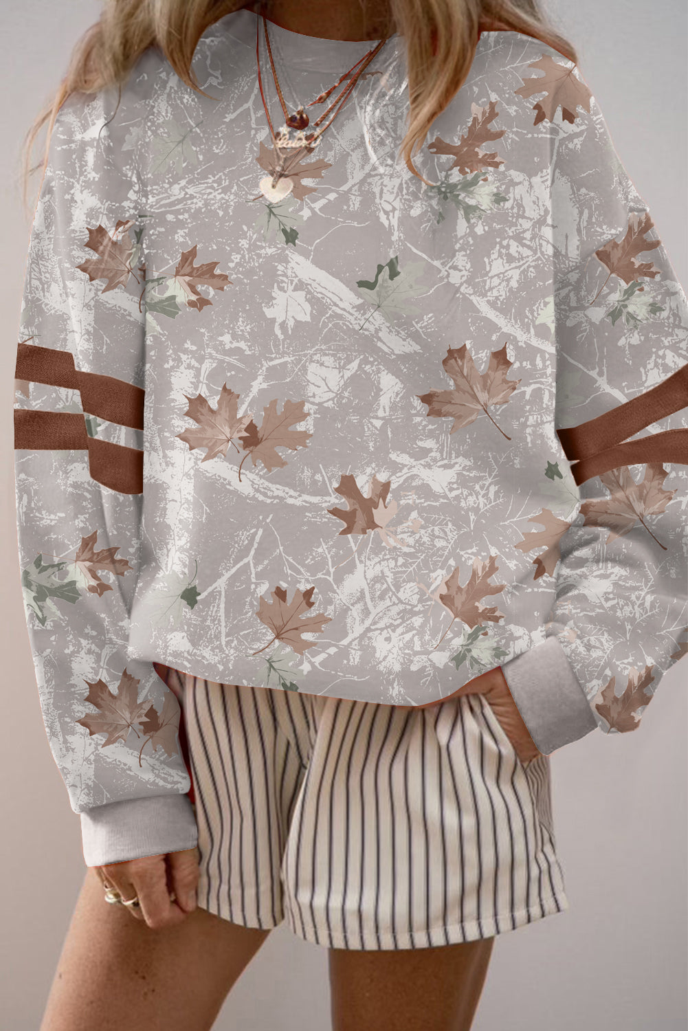 Gray Maple Leaf Camo Print Varsity Striped Sleeve Casual Sweatshirt