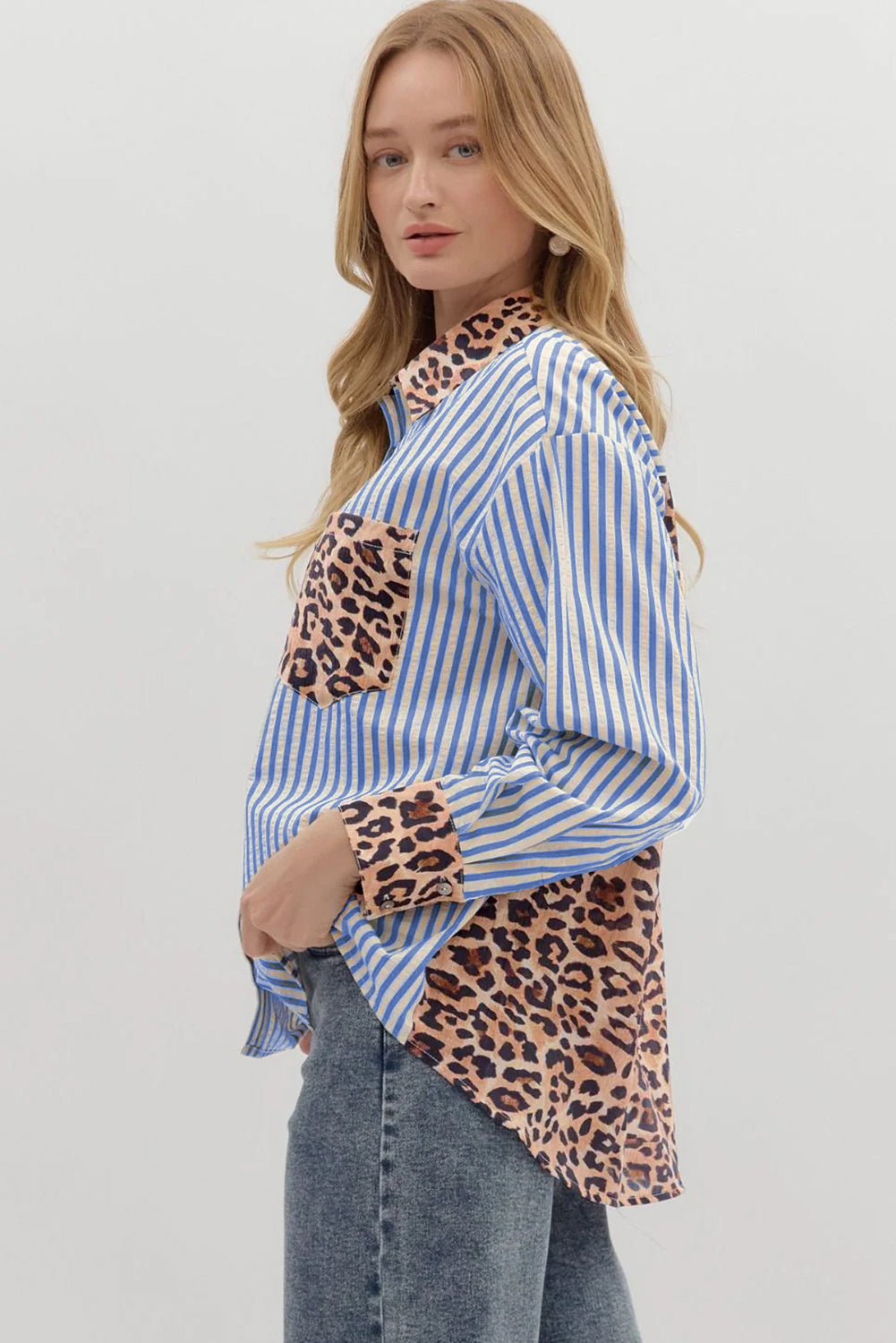 Sky Blue Leopard and Striped Patchwork Button Shirt