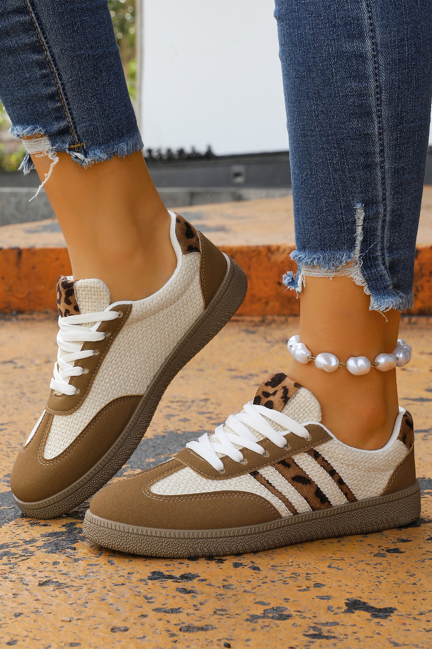 Coffee Color Block Leopard Patchwork Lace-up Flat Shoes