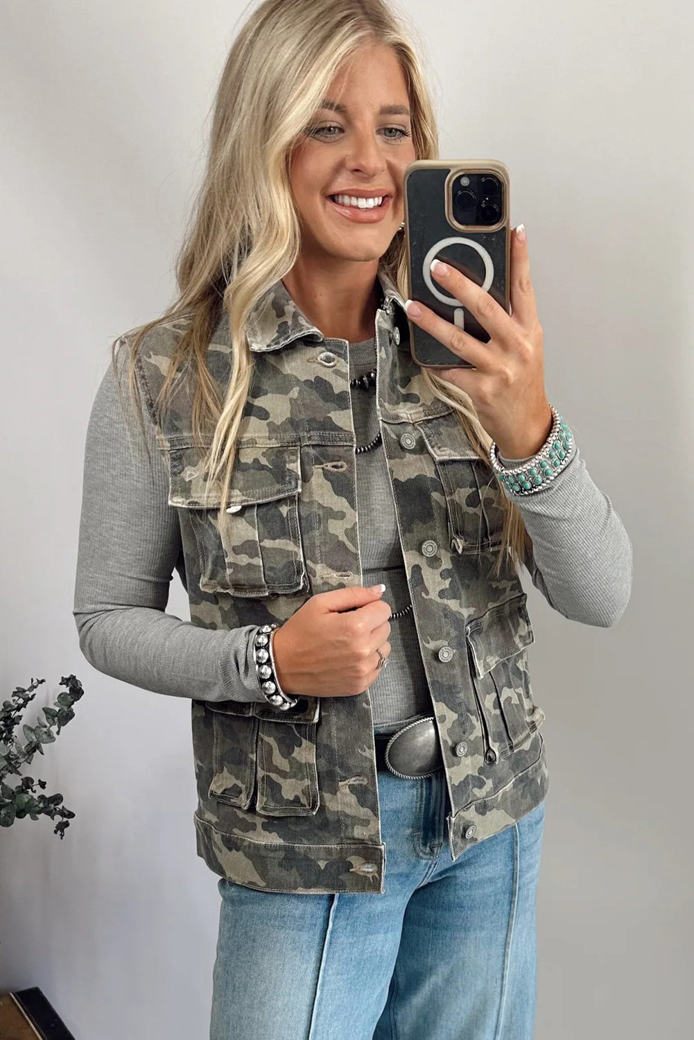 Green Camouflage Print Button Cargo Pocket Button Down Denim Vest